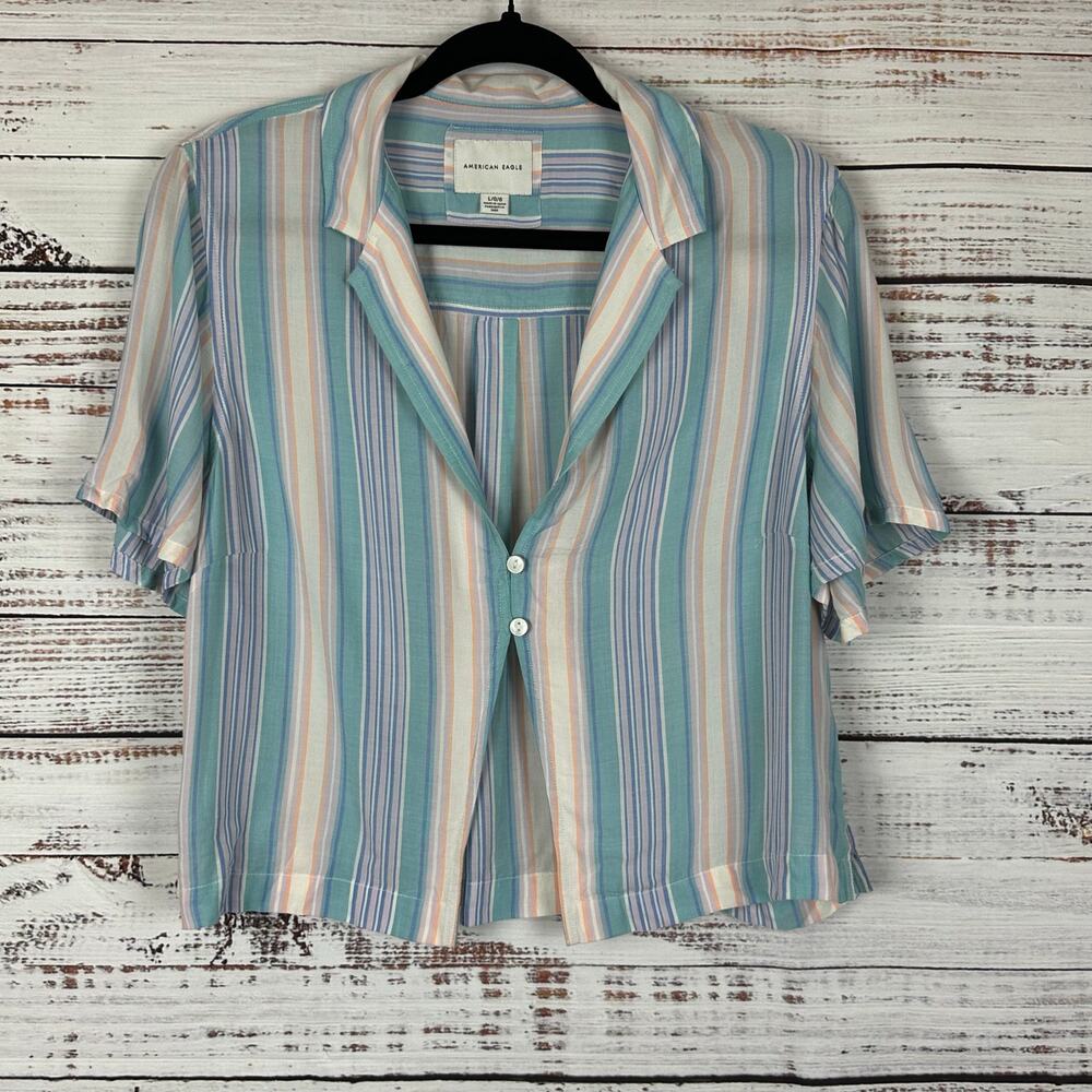 Womens American Eagle Blue White Stripe Crop 2 Button SS Shirt Casual Flowy L
